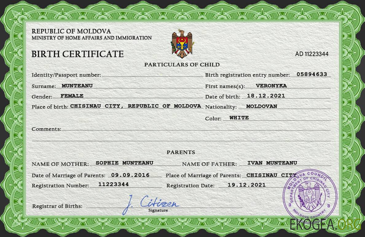 Modèle PSD de certificat de naissance de l'état civil de Moldavie